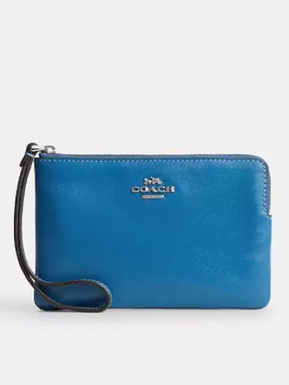 Coach Corner Zip Wristlet in Silver/Blue Jay Shiny Smooth Leather NWT
